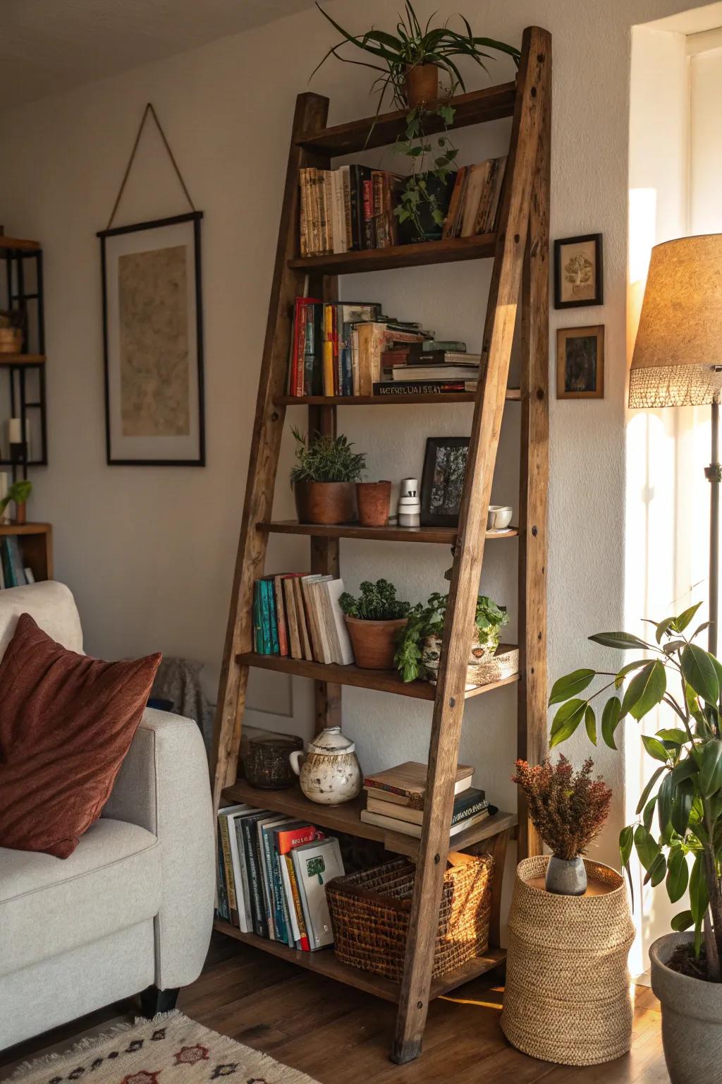 A rustic ladder shelf combines function with style.