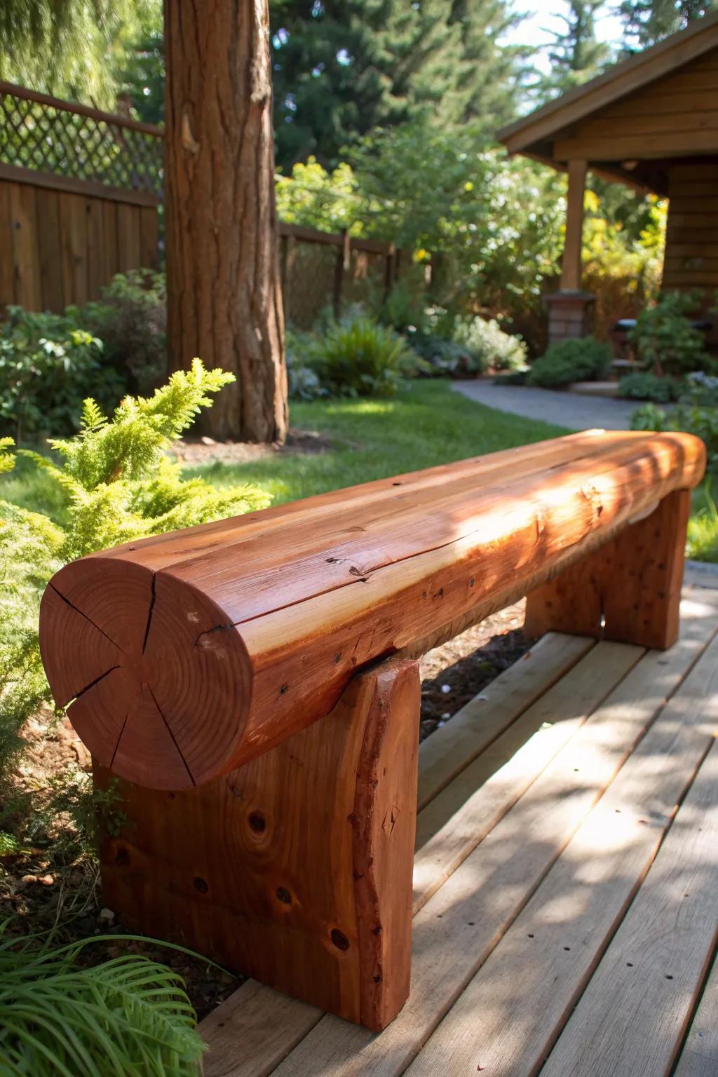 Embrace the art of nature with this stunning red cedar log bench, perfect for your outdoor haven.