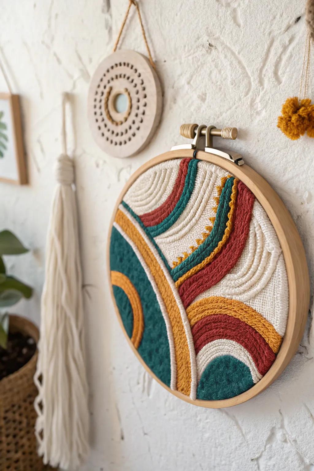 Transform your space with unique embroidered wall art that blends simplicity and bold colors.