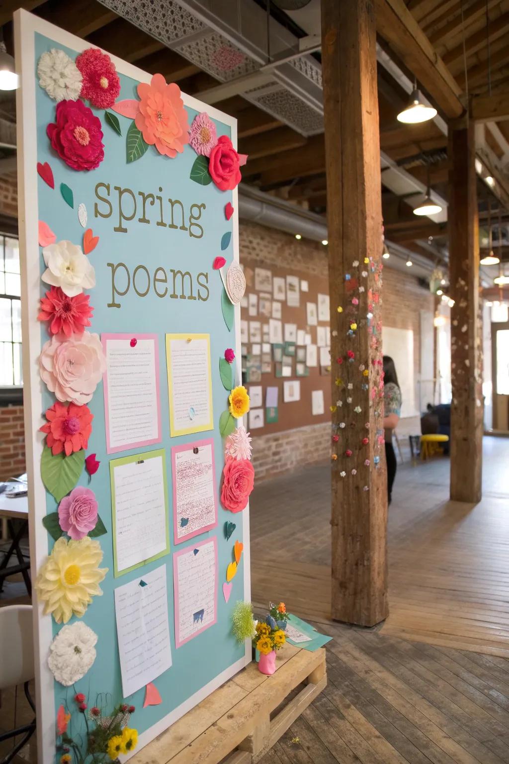 A poetry-themed bulletin board celebrating the essence of spring.