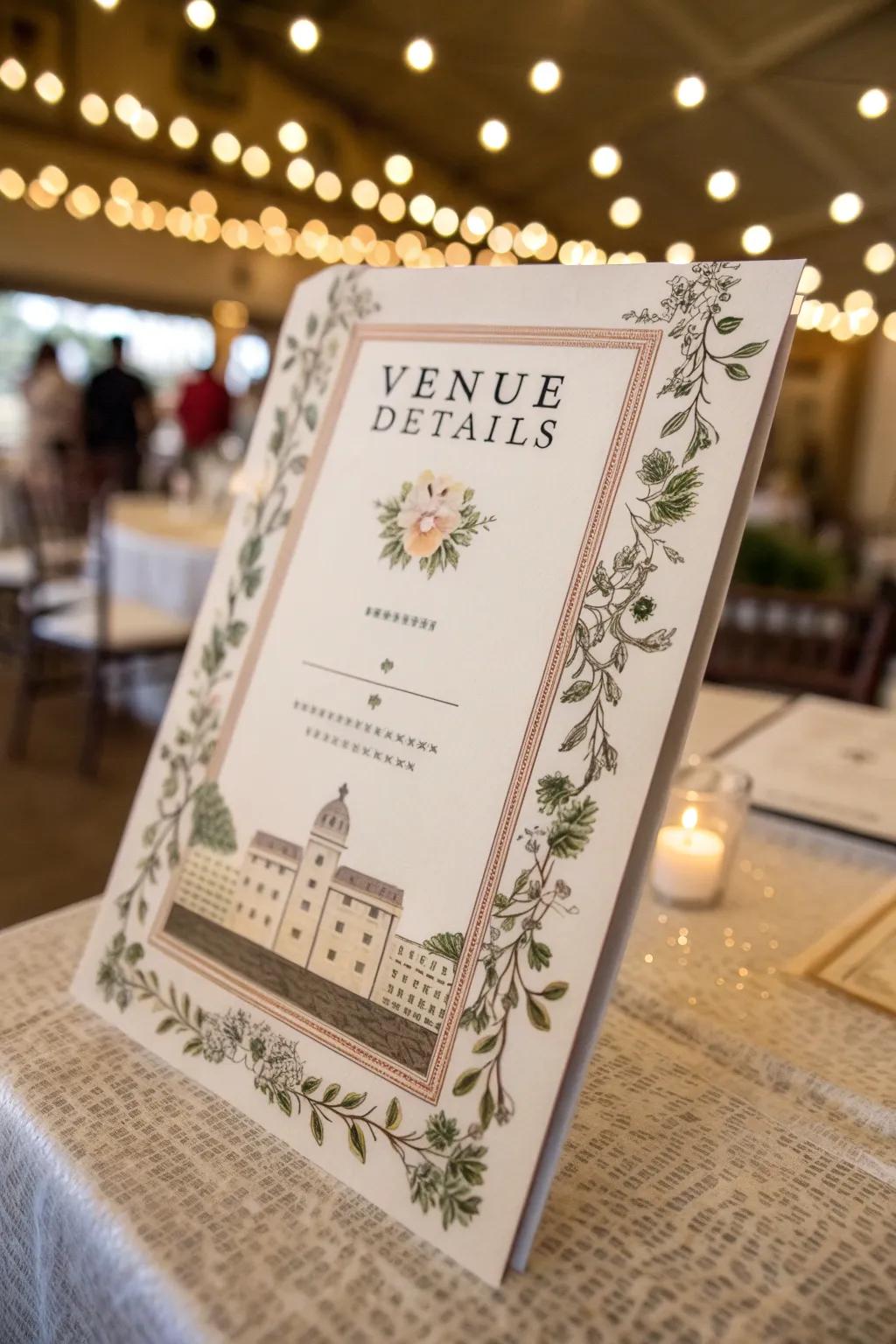 Highlight venue details with decorative flair for added excitement.