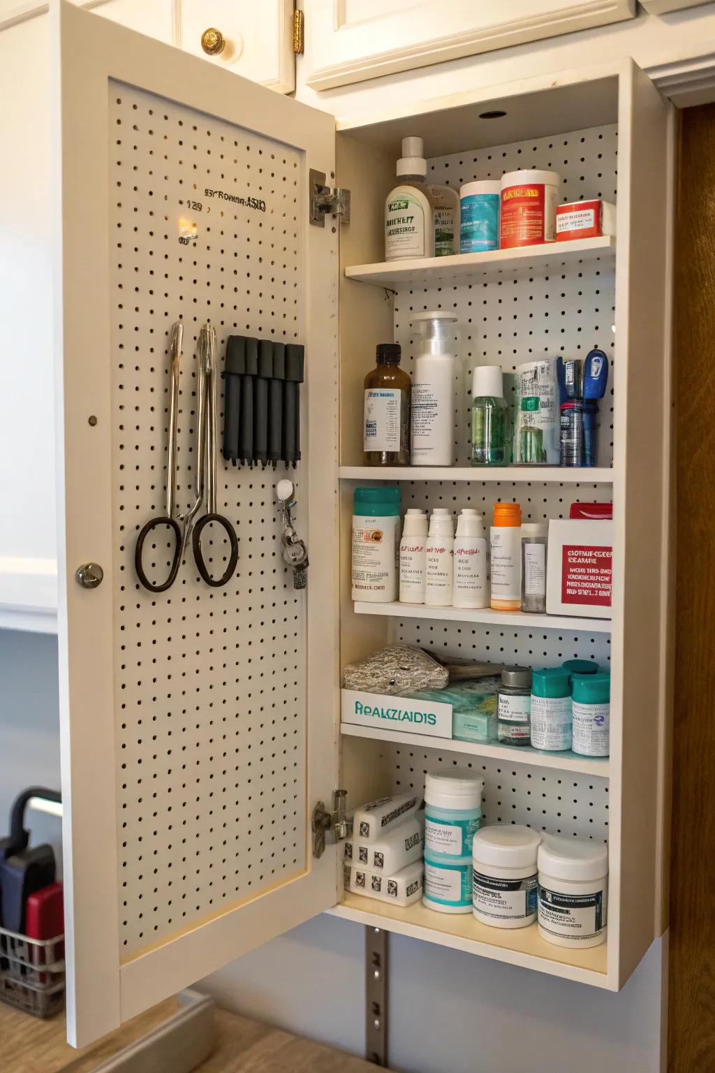 A pegboard adds unexpected and useful storage space.