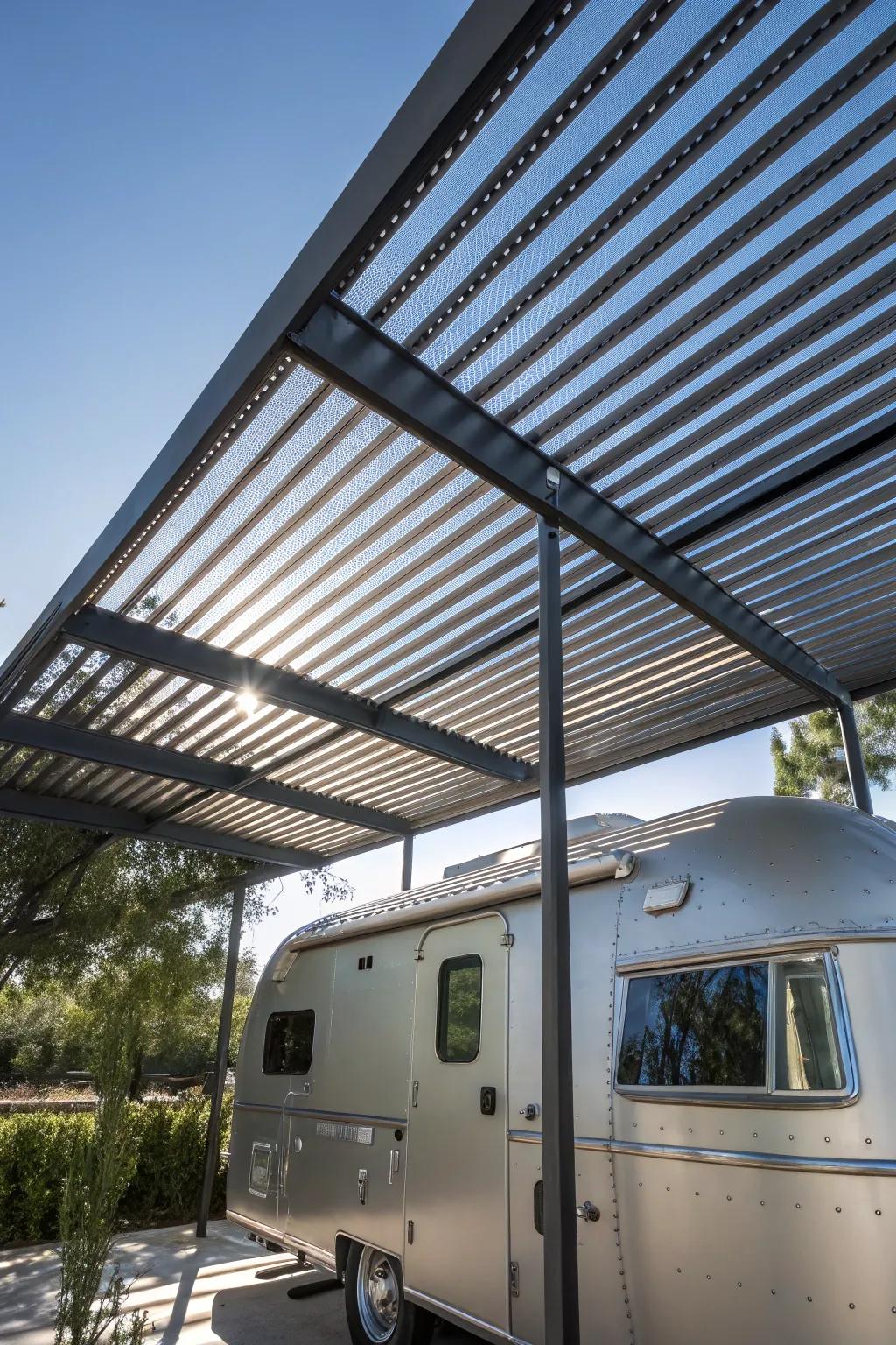 Elevate your camper's style with a pergola-inspired metal roof—where craftsmanship meets elegance.