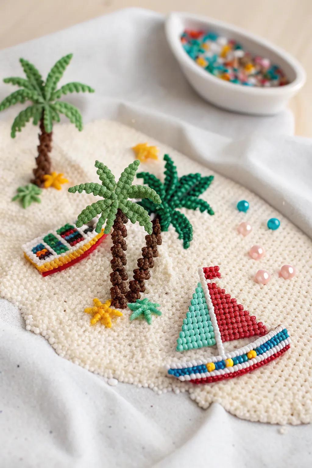 Capture the essence of summer with this charming perler bead beach scene — a tiny masterpiece of boats and palm trees that sparks wanderlust and sunny memories.