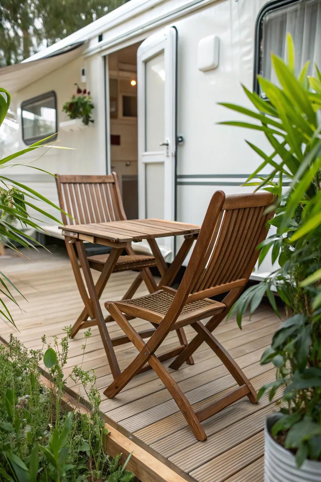 Elevate your mobile home deck with space-saving, artisan-crafted furniture that combines style and functionality.