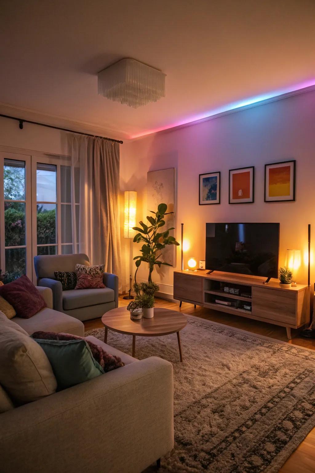 Adjustable lighting setting the mood in a versatile living room