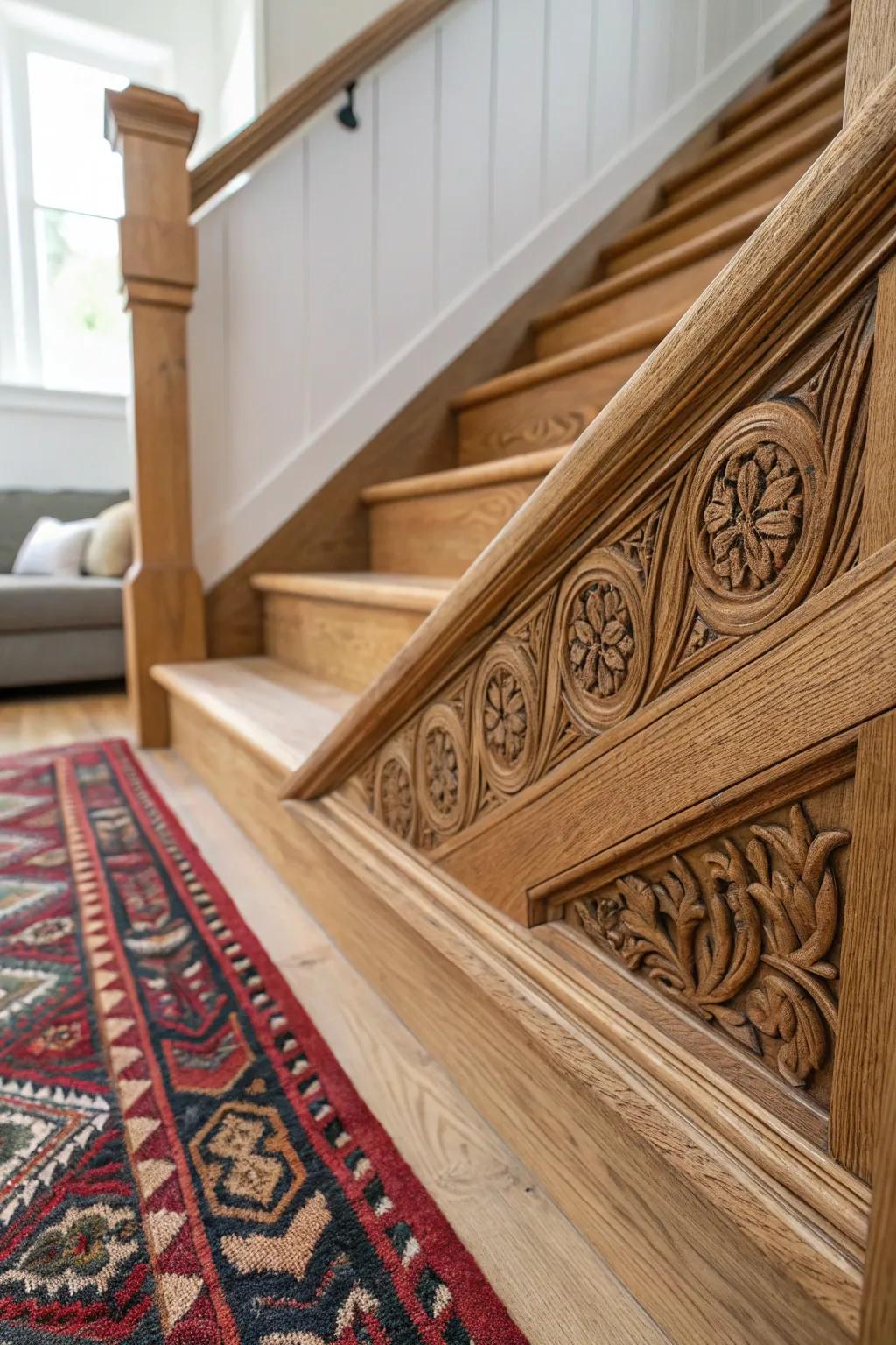 Elevate your staircase with intricate boho-inspired moldings for a touch of elegance and charm.