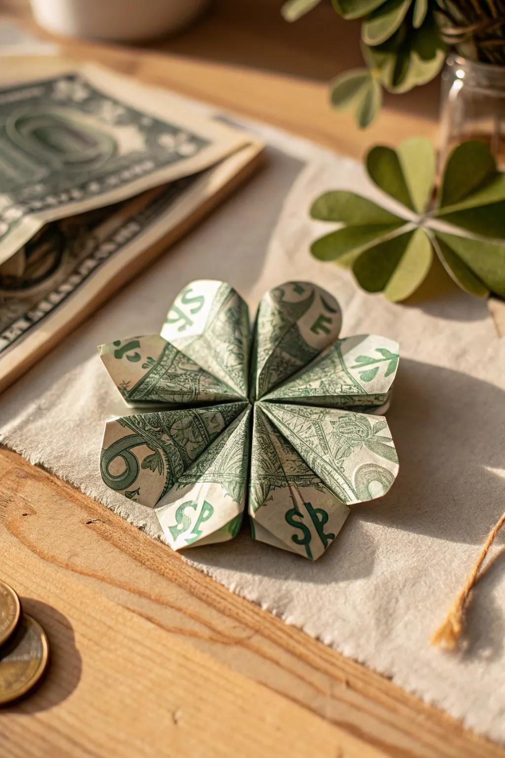 Embrace a touch of luck with this stunning money origami four-leaf clover, perfect for adding charm and elegance to any occasion.