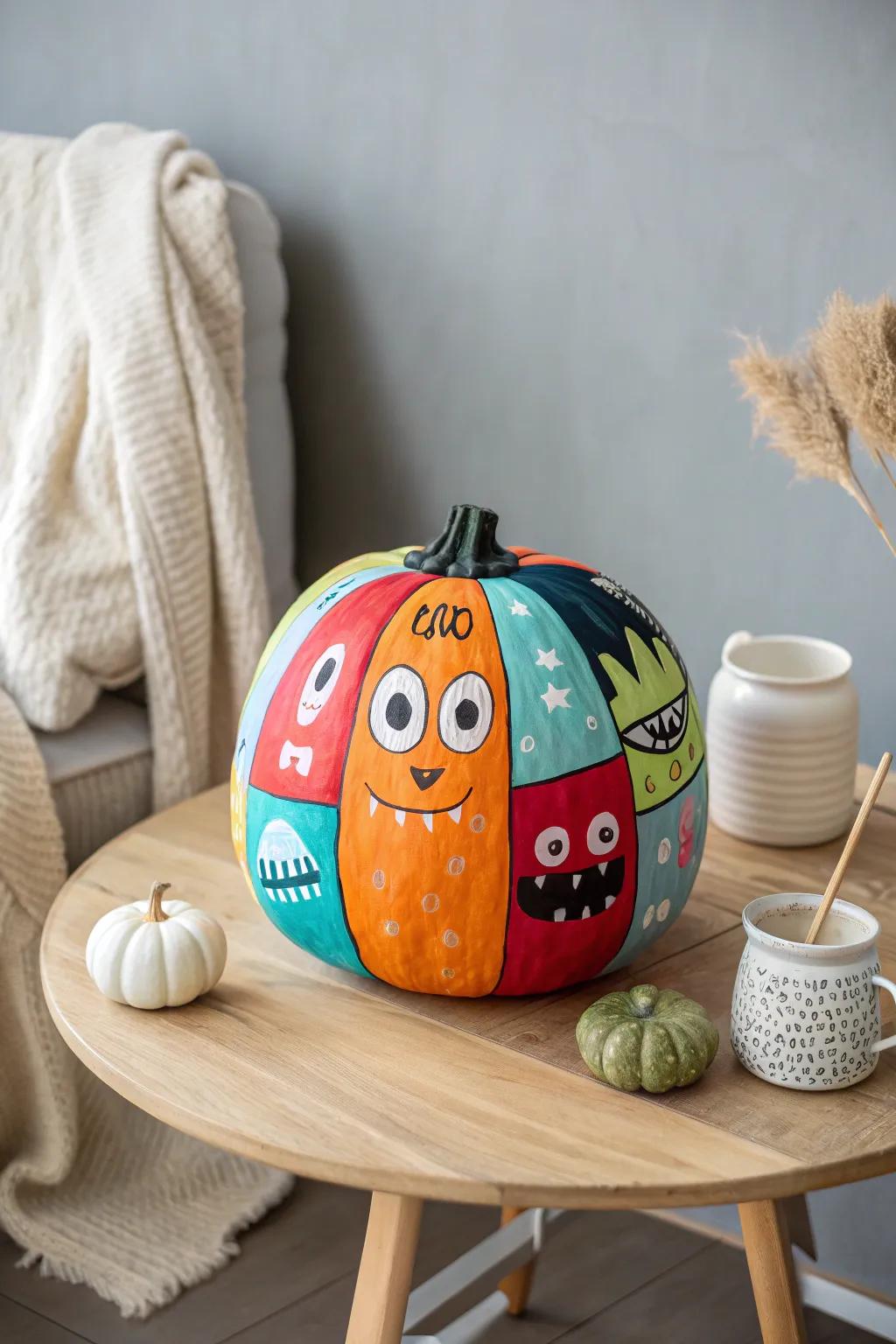 Meet the Patchwork Monster Family: A vibrant twist on traditional pumpkin painting, perfect for adding a playful touch to your minimalist decor.