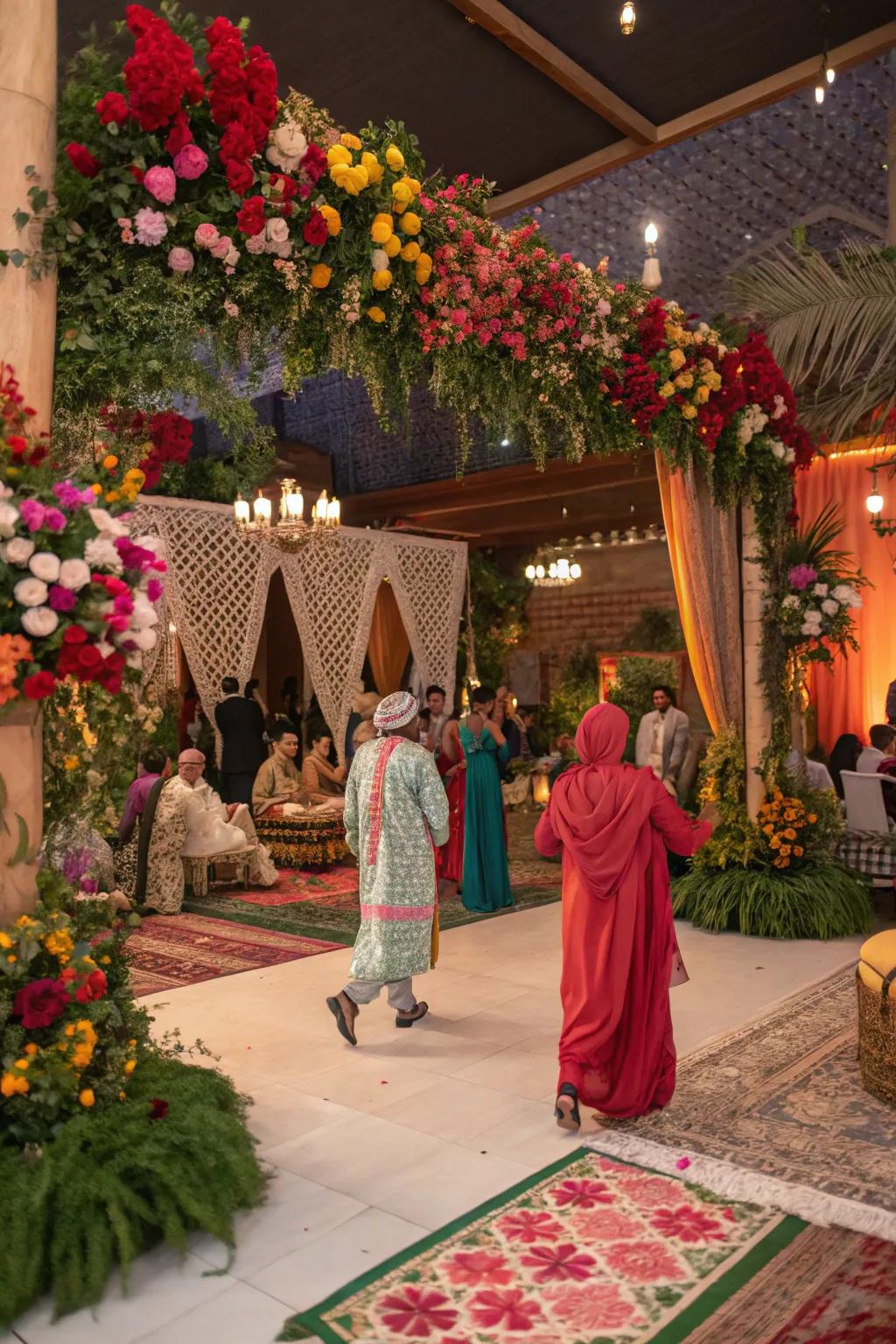 Colorful flowers add an exotic touch to Moroccan decor.