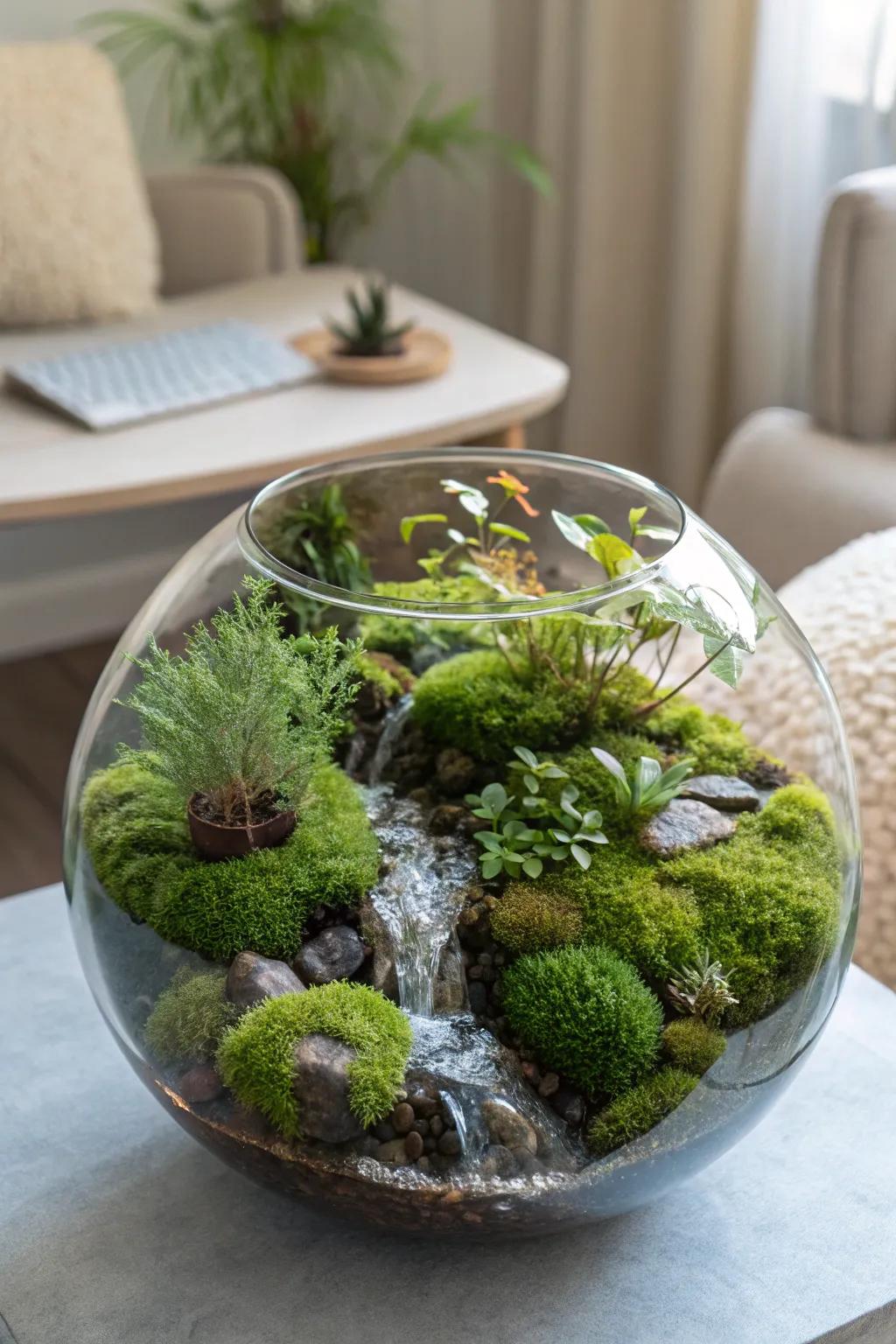 Embrace nature's elegance with a stunning moss terrarium, complete with a magical water feature.