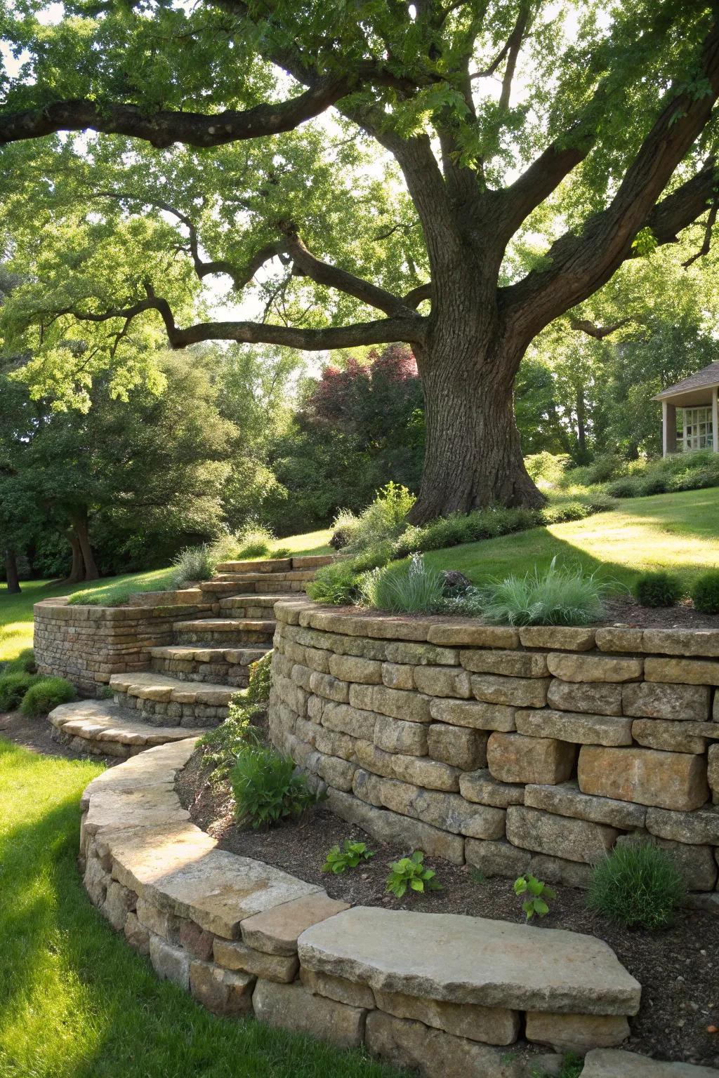 Elevate your landscape with a stunning stone retaining wall that highlights nature's beauty.