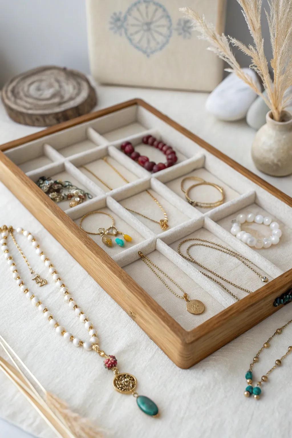 Transform your old cutlery tray into a chic necklace organizer, where minimalism meets bohemian charm.