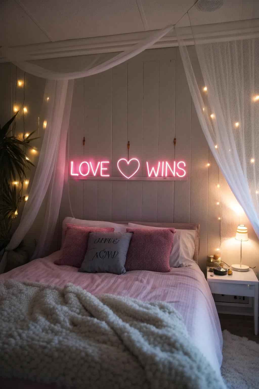A romantic bedroom enhanced by a 'Love Wins' neon sign.