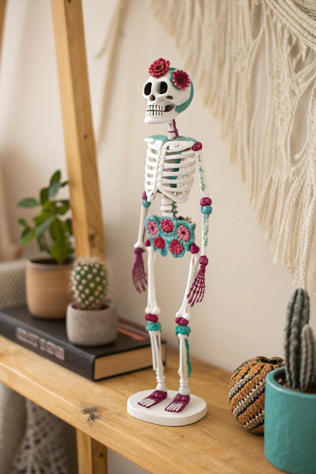 Celebrate life with a handcrafted skeleton figurine that dances between minimalism and color.