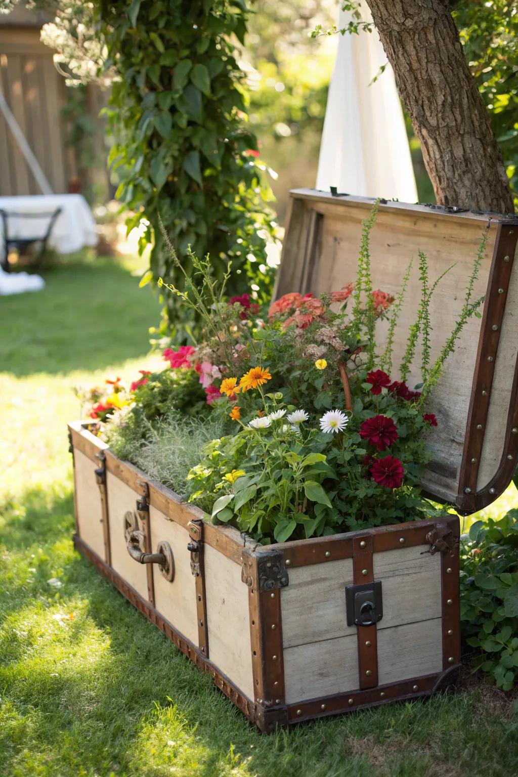 Transform your outdoor space with a charming vintage trunk planter and let nature's beauty speak for itself.