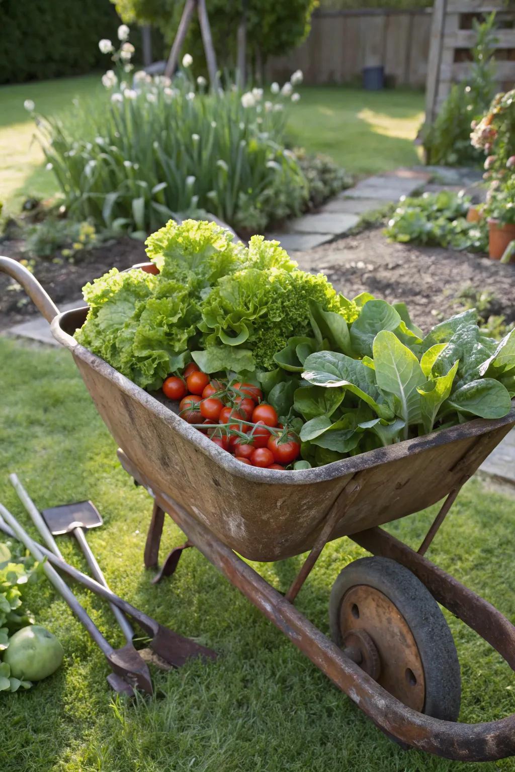 Transform vintage charm into a lush veggie haven with this wheelbarrow planter.