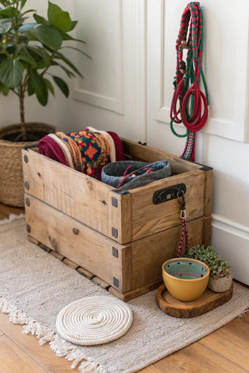 Elevate your pet's space with a vintage wooden crate that combines style and function. 🐾✨ #PetOrganization #ScandiBoho