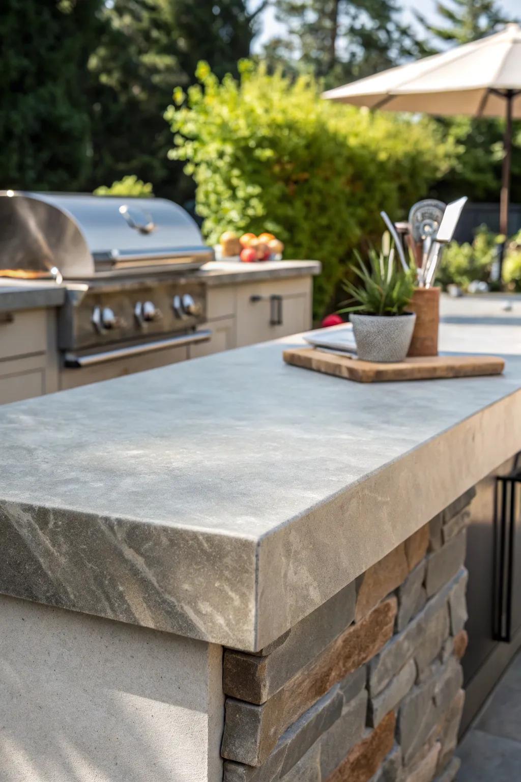 Elevate your outdoor kitchen with the timeless elegance of a handcrafted stone countertop.