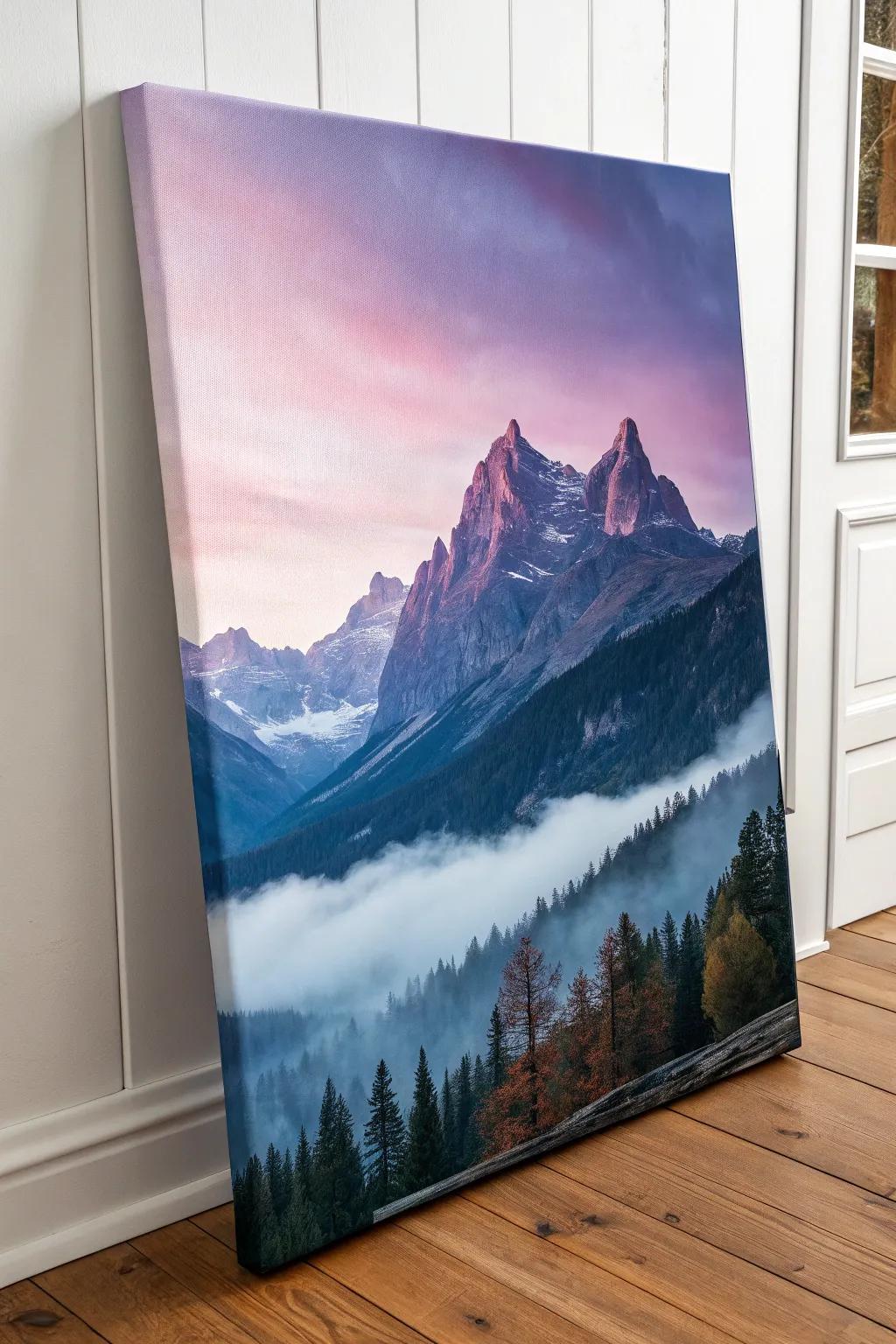 Immerse yourself in the serene allure of mystical mountains, where simplicity meets bold colors.
