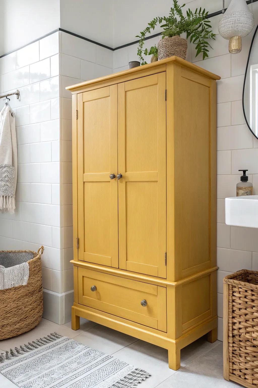 Infuse your bathroom with vintage charm and warmth with a mustard yellow cabinet centerpiece.