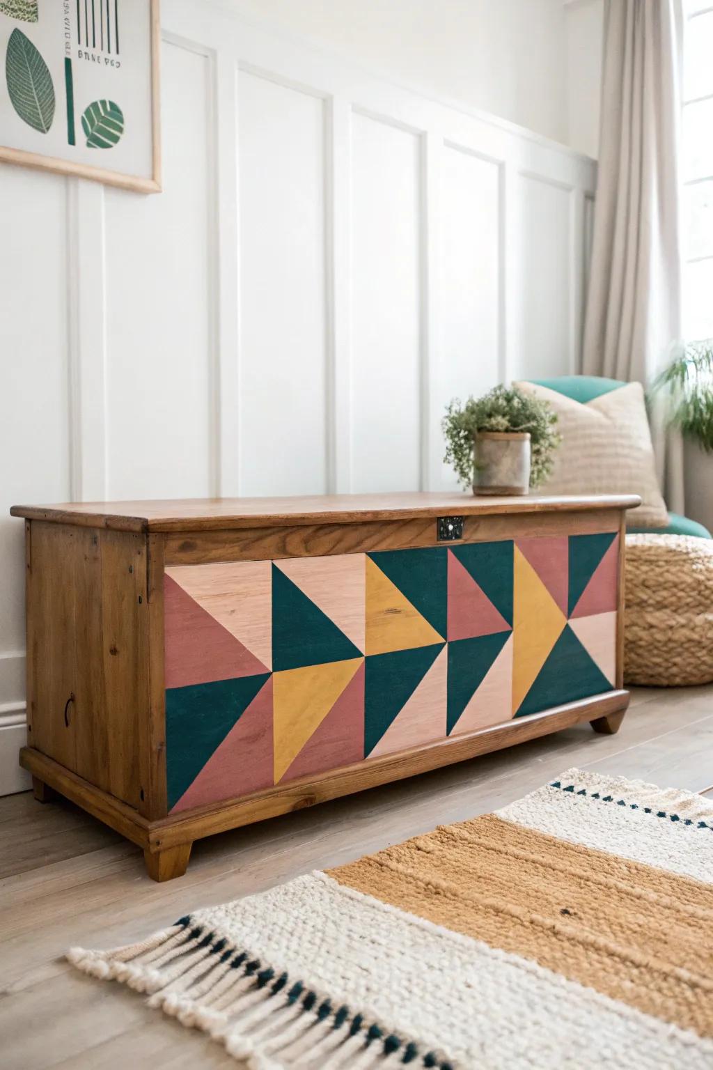 Transform your space with a modern twist: discover the beauty of geometric patterns on a handcrafted cedar chest.