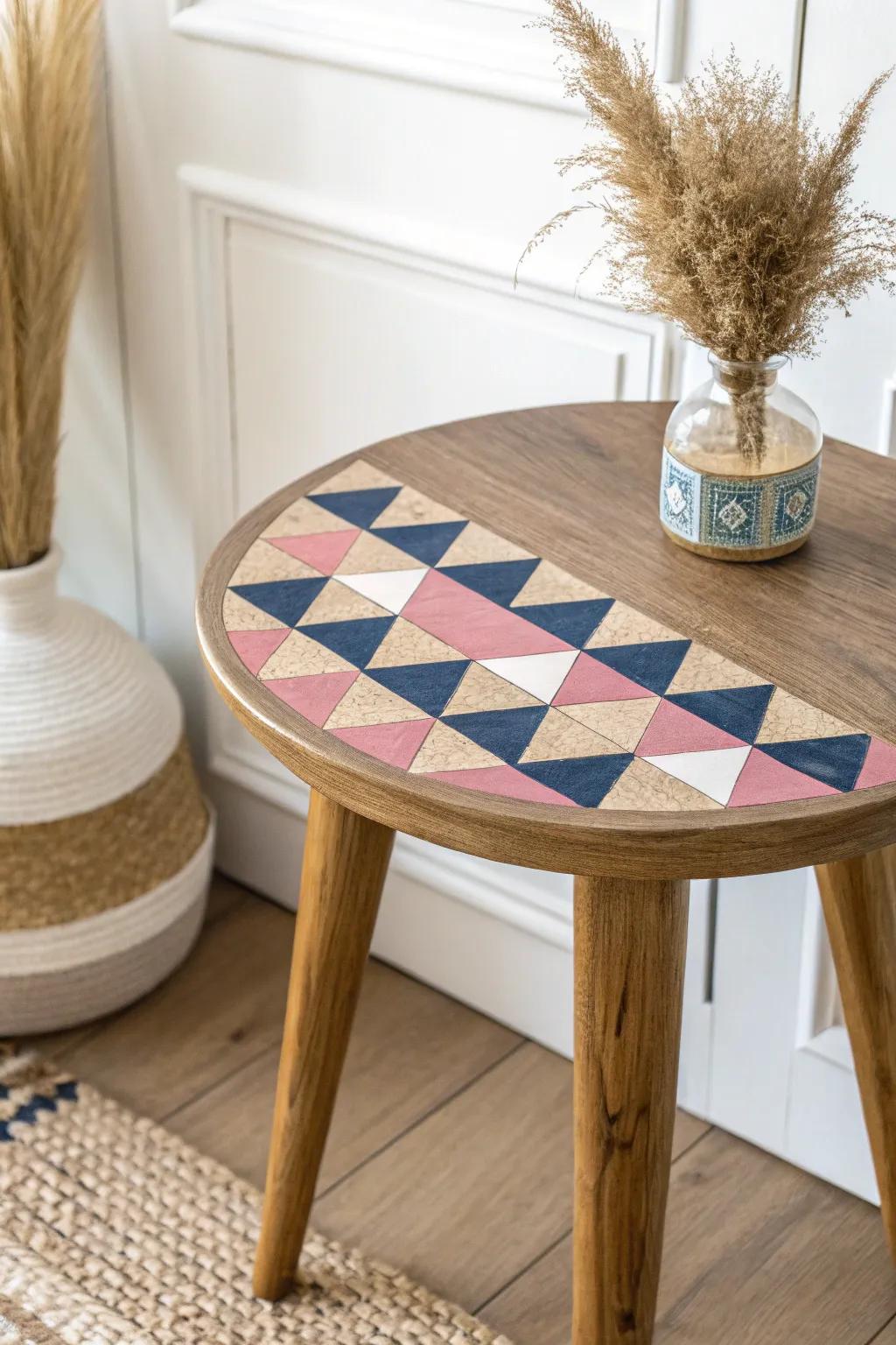 Elevate your space with geometric charm: A modern end table with a playful twist.