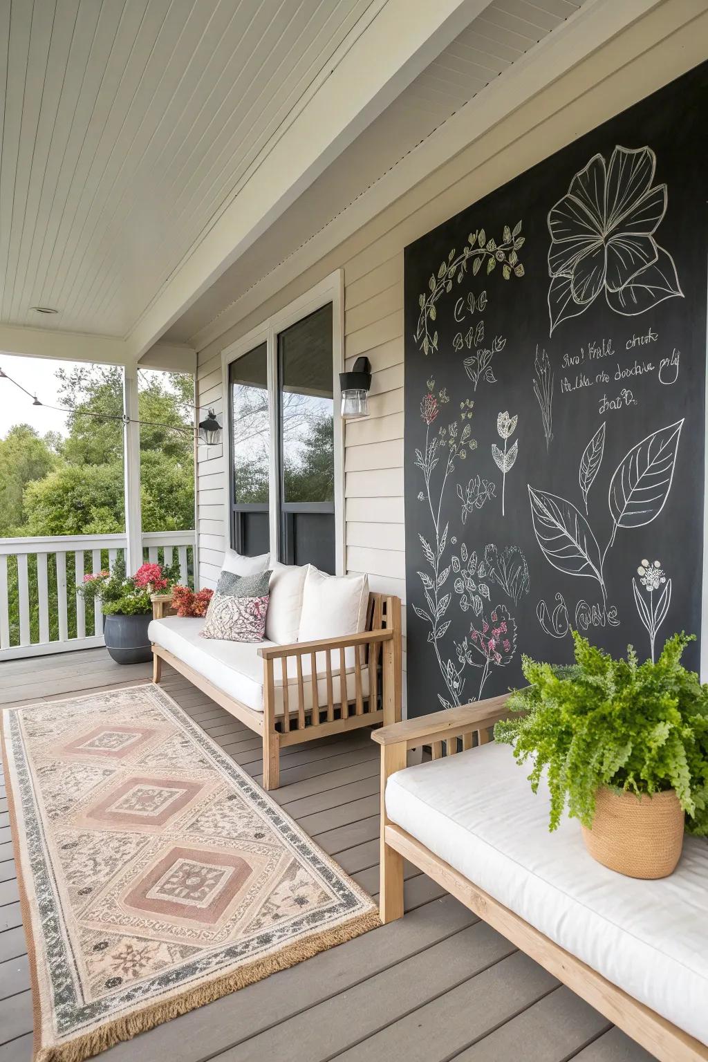 Transform your porch with a chic chalkboard wall for endless creativity and style!
