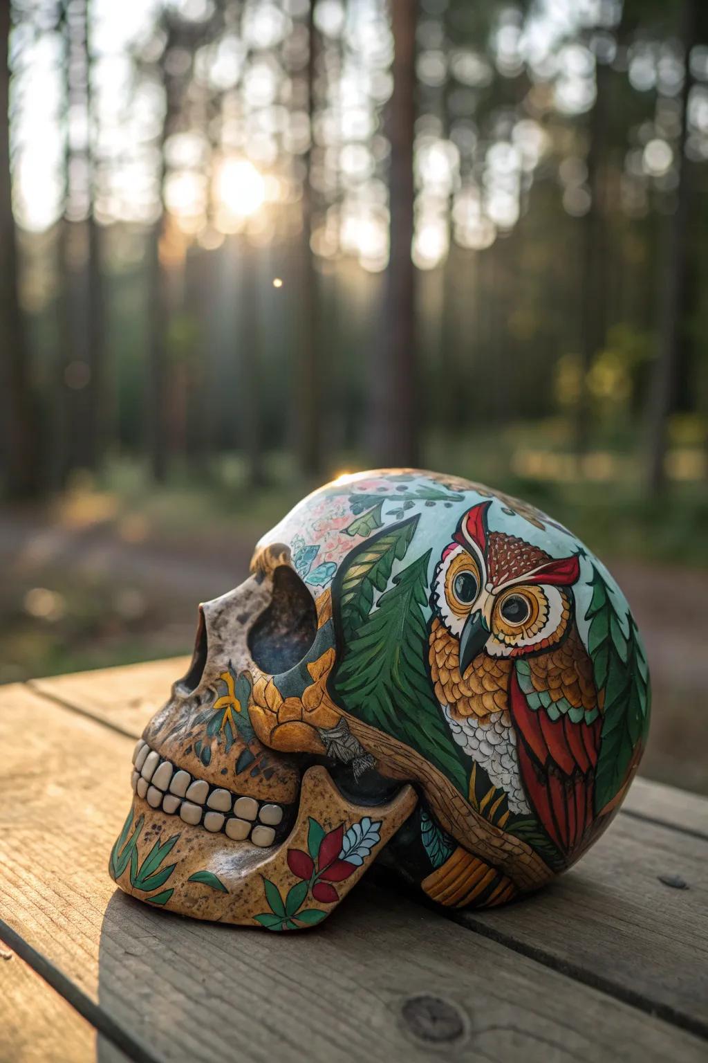 Bring a touch of the enchanted forest into your home with this hand-painted woodland creature skull.