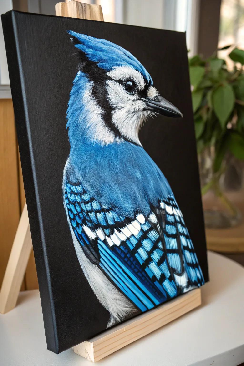 Bold and Beautiful: A Stunning Blue Jay Portrait on Black Canvas.