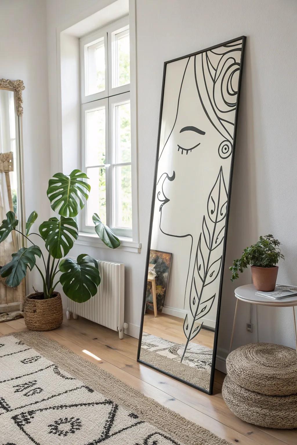 Embrace the elegance of simplicity with minimalist line art on mirrors, where less truly becomes more.