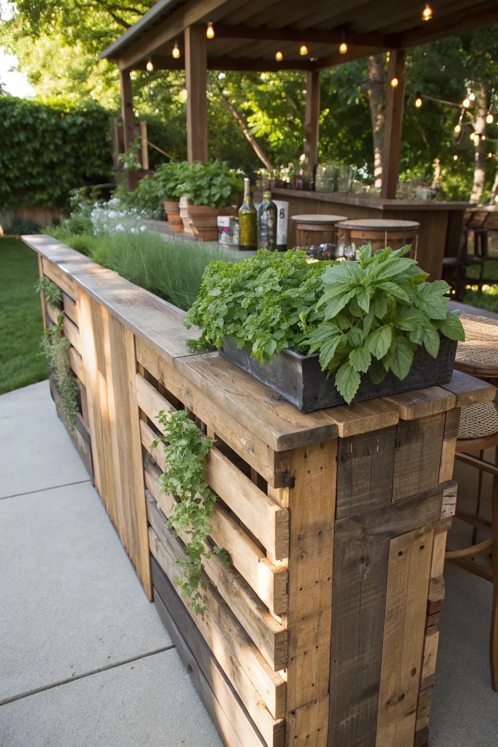 Elevate your garden gatherings with this handcrafted pallet bar, featuring a fresh twist of homegrown herbs.