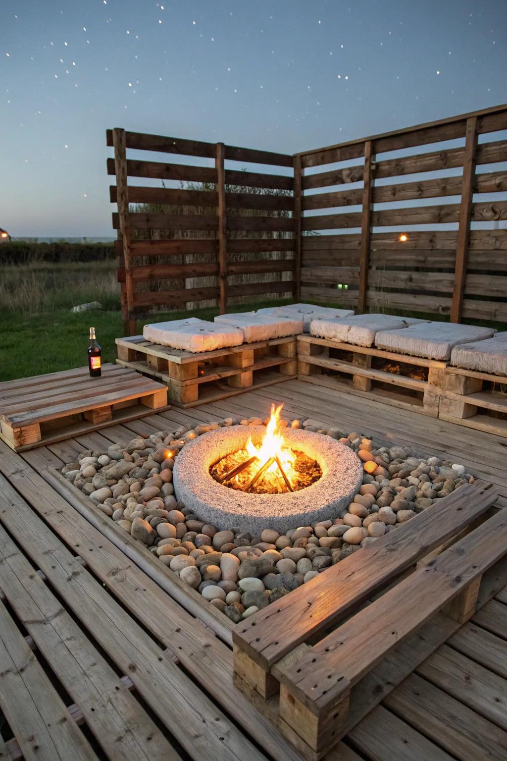 Warm up your nights with this handcrafted pallet deck and fire pit centerpiece.