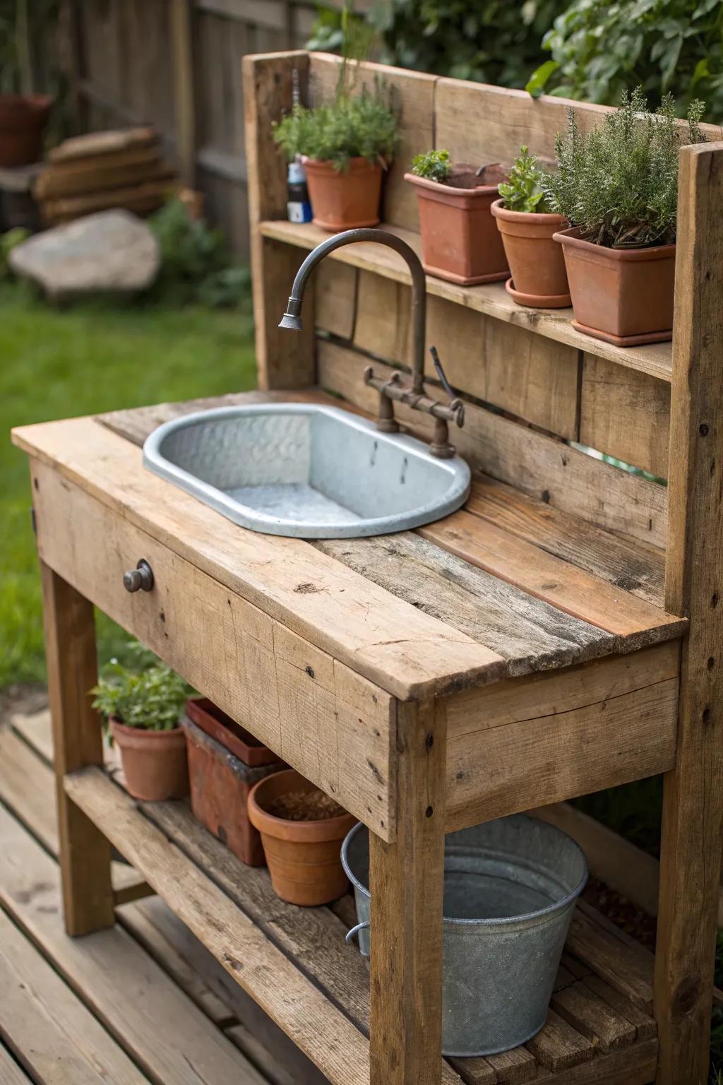 Transform your gardening space with this charming potting bench sink, blending functionality with artisanal design.