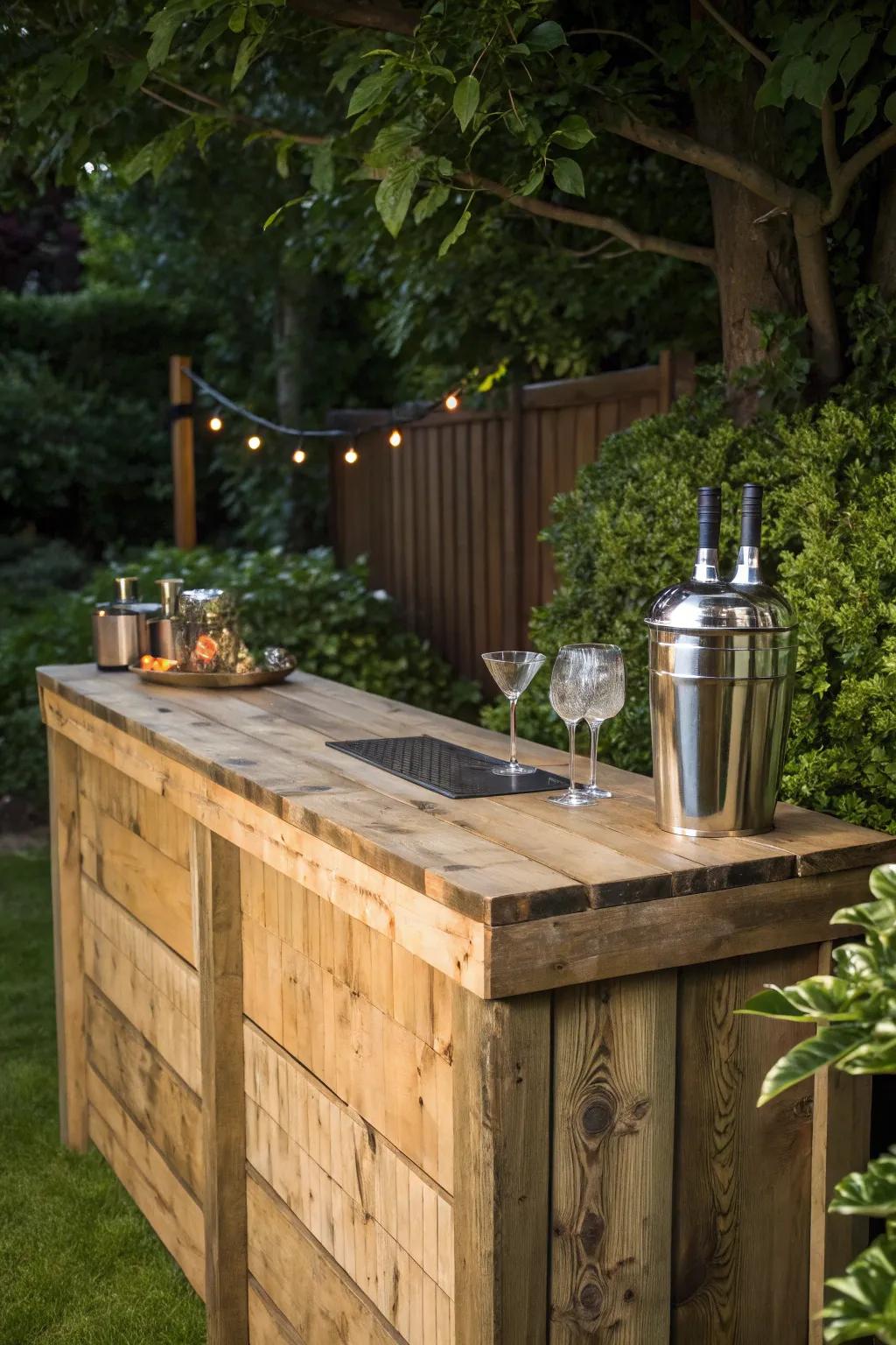 Transform your garden into a stylish retreat with a handcrafted pallet wood bar, perfect for mixing drinks and making memories.