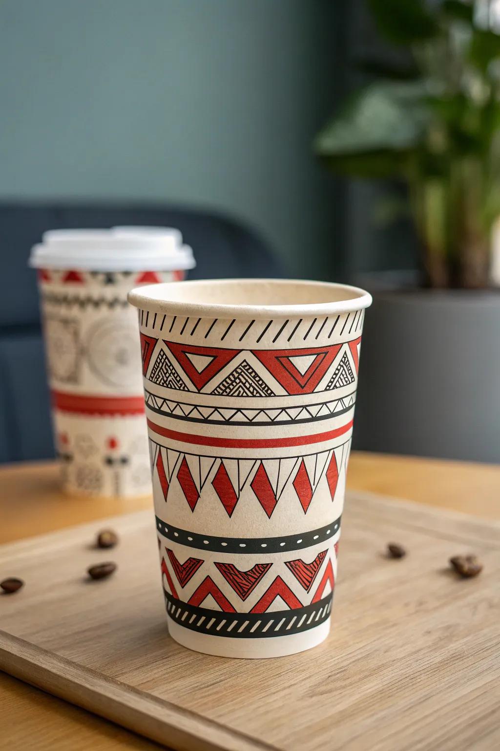 Discover the art of layered designs: where bold colors meet geometric elegance in every sip.