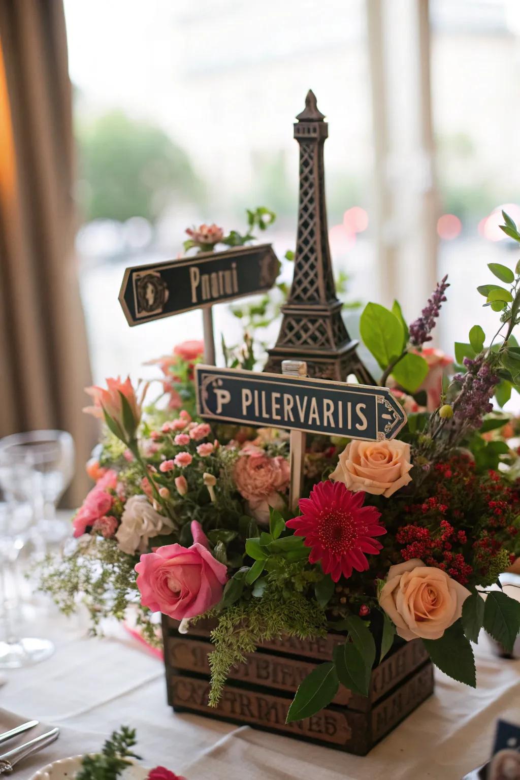 A centerpiece featuring charming Parisian street signs.