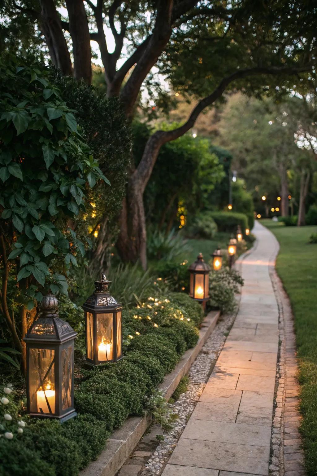 Candle lanterns guide guests with warmth and charm.