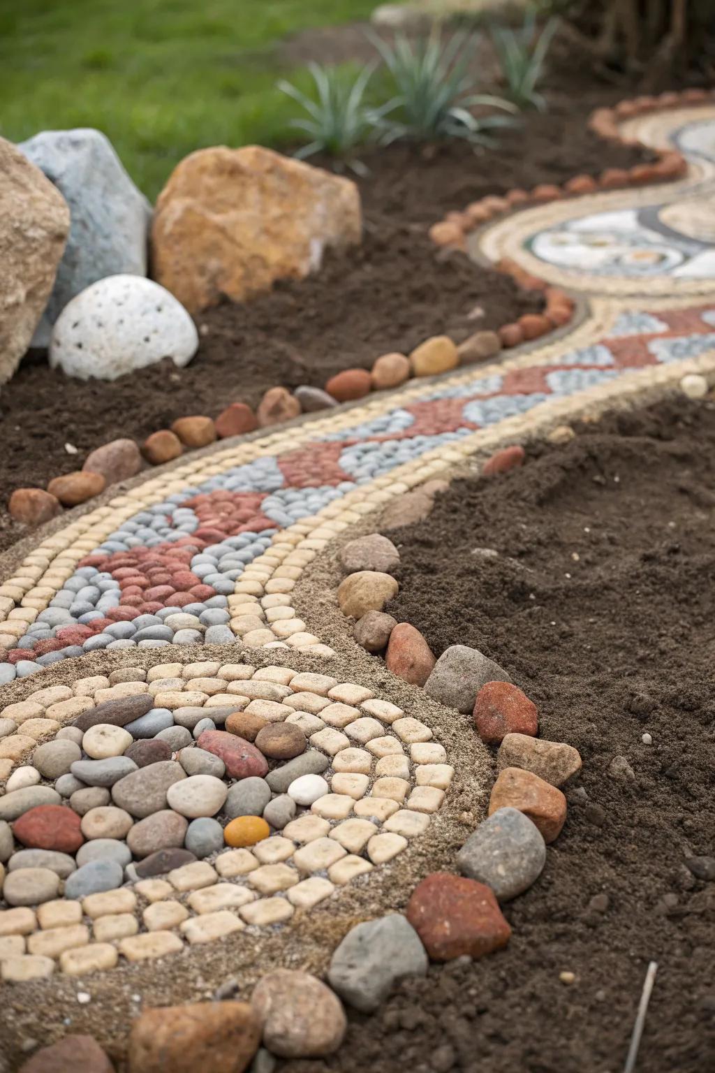 Transform your garden with a touch of artistry: Create a pebble mosaic for a unique and tranquil space.
