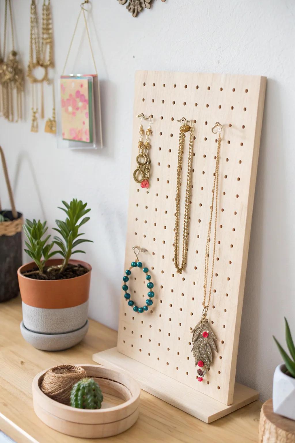Elevate your space with a DIY pegboard jewelry display - where minimalist design meets bold beauty.