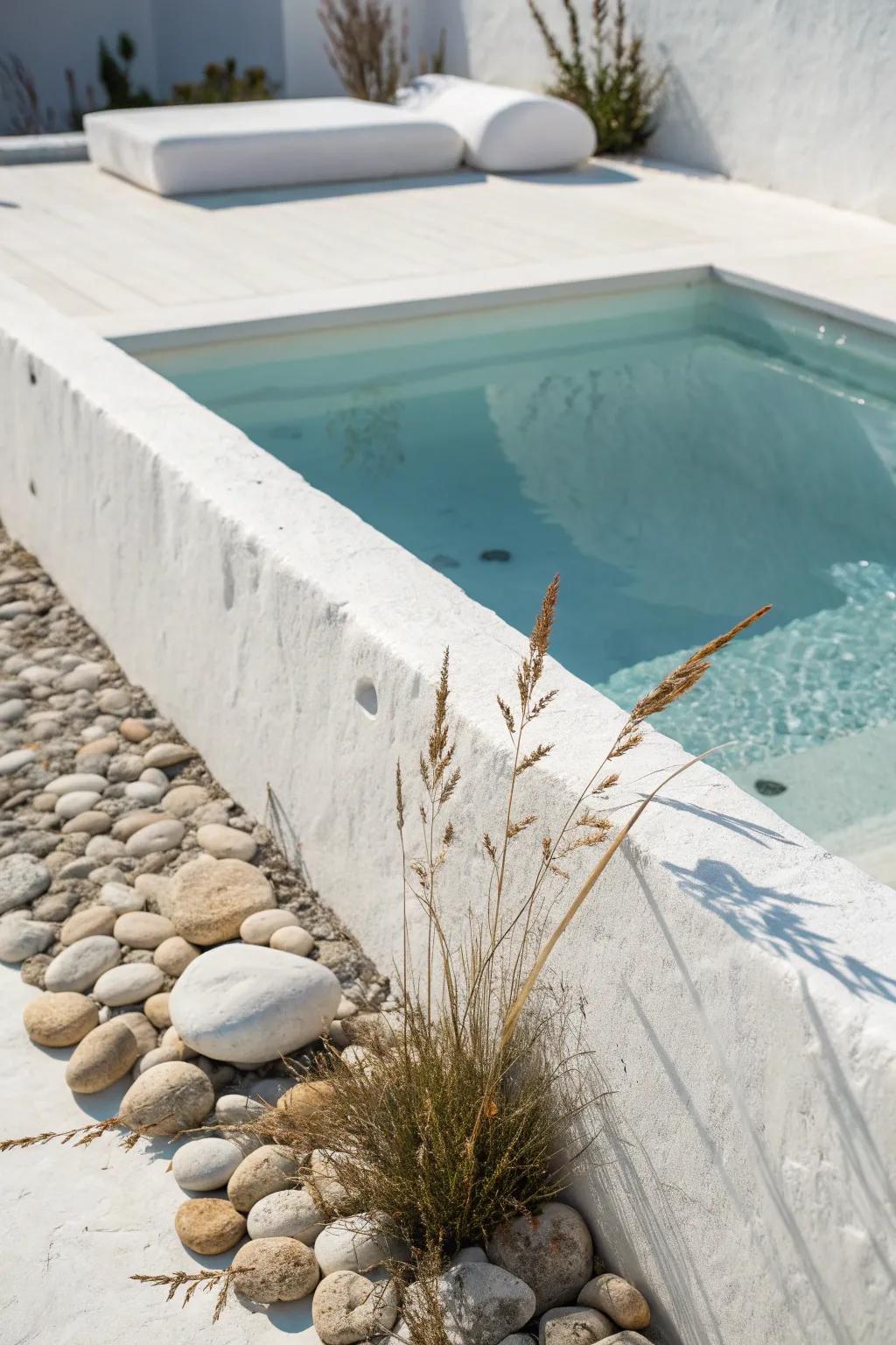 Embrace the serene elegance of coastal whites with artisan-crafted pool coping.