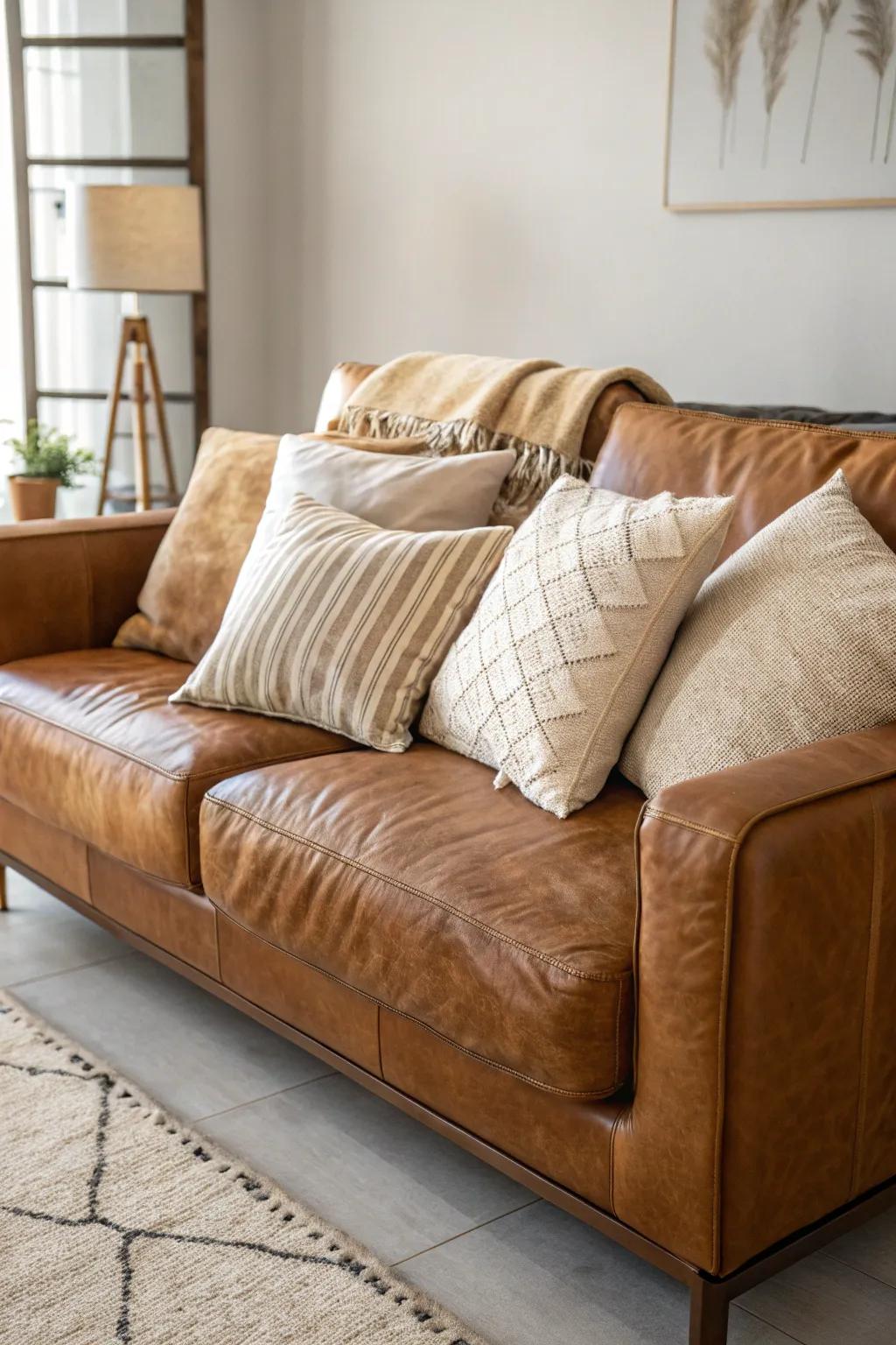 Natural tones create a warm and inviting atmosphere on a leather couch.