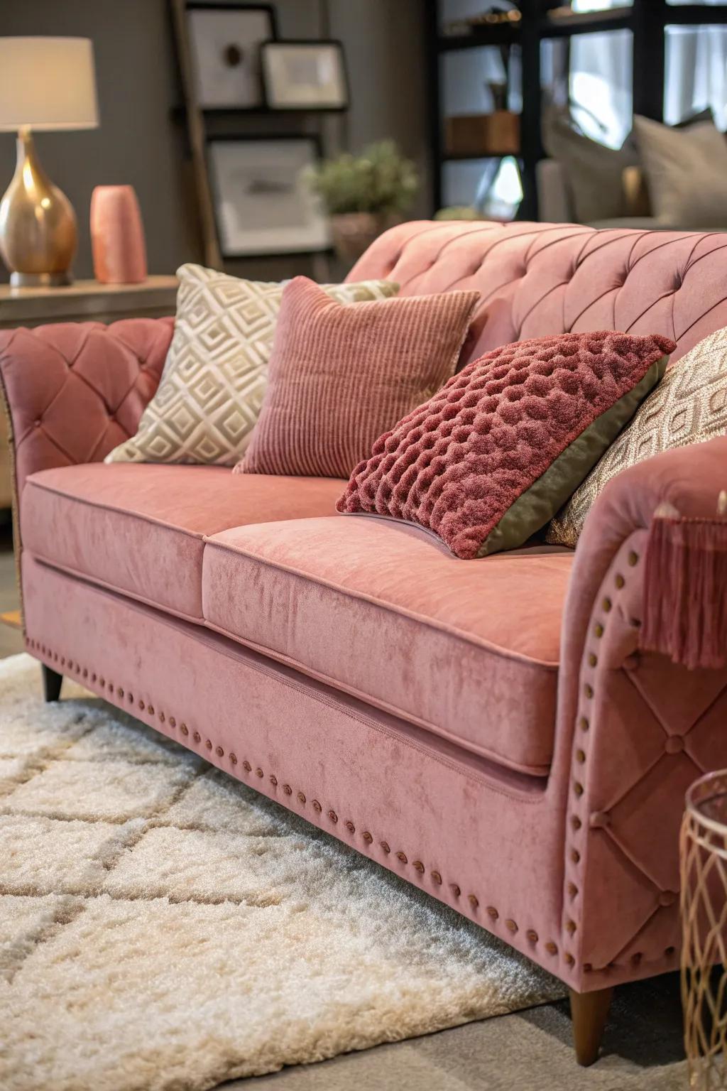 Mixing textures can enhance the appeal of a pink couch setting.
