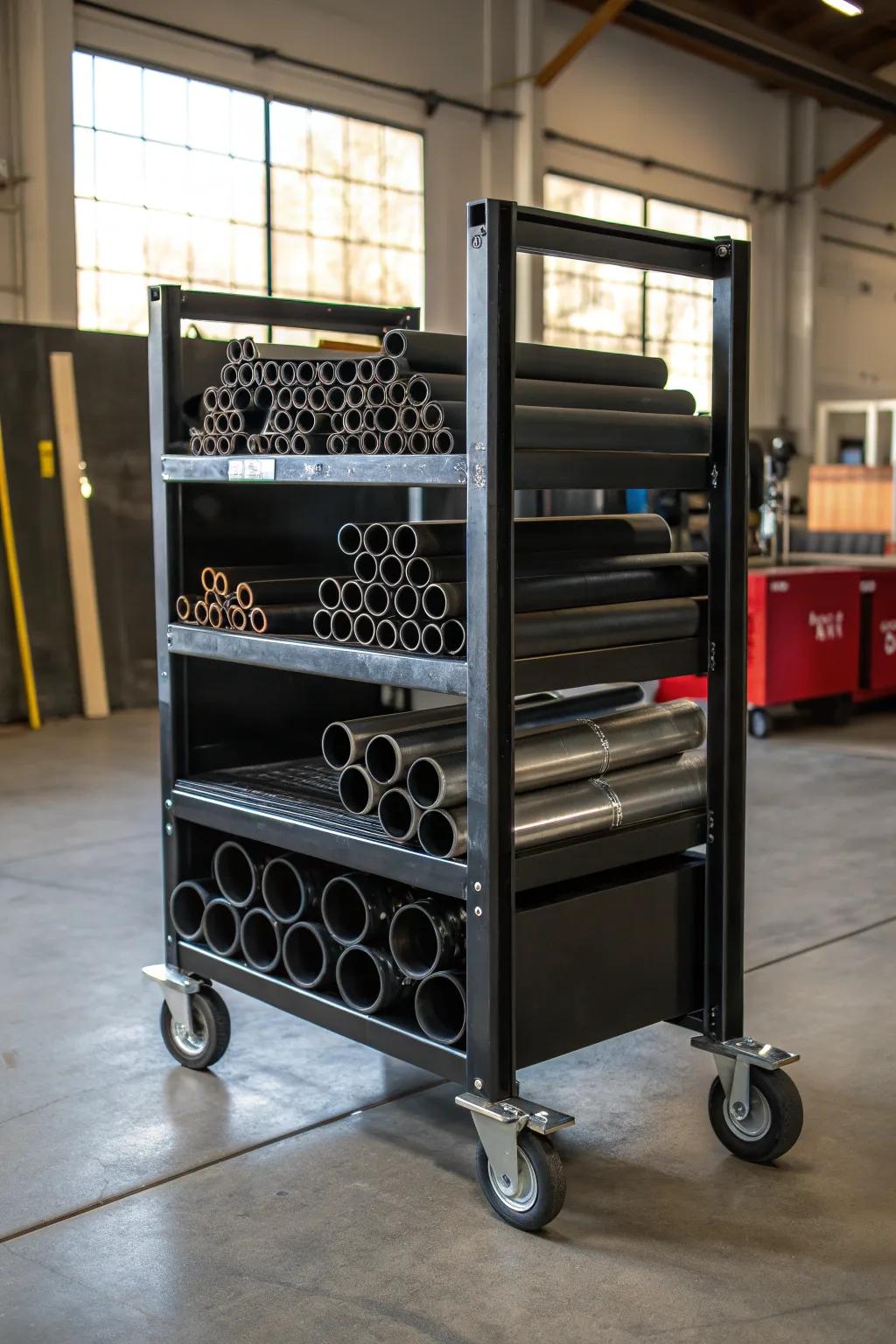 Effortless mobility meets impeccable craftsmanship with this versatile pipe storage cart.
