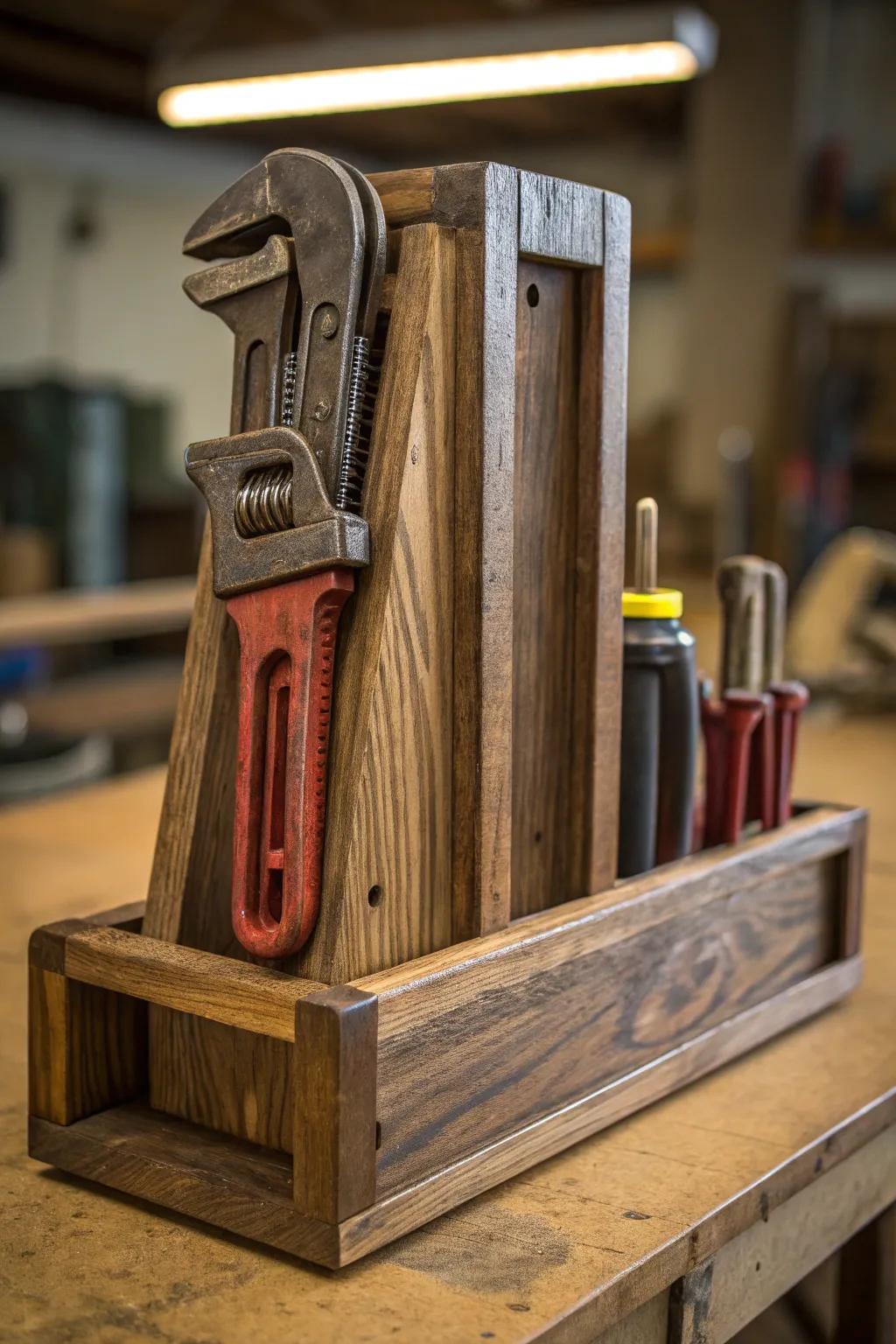 Elevate your workshop with a handcrafted wooden tool rack for your pipe wrench.