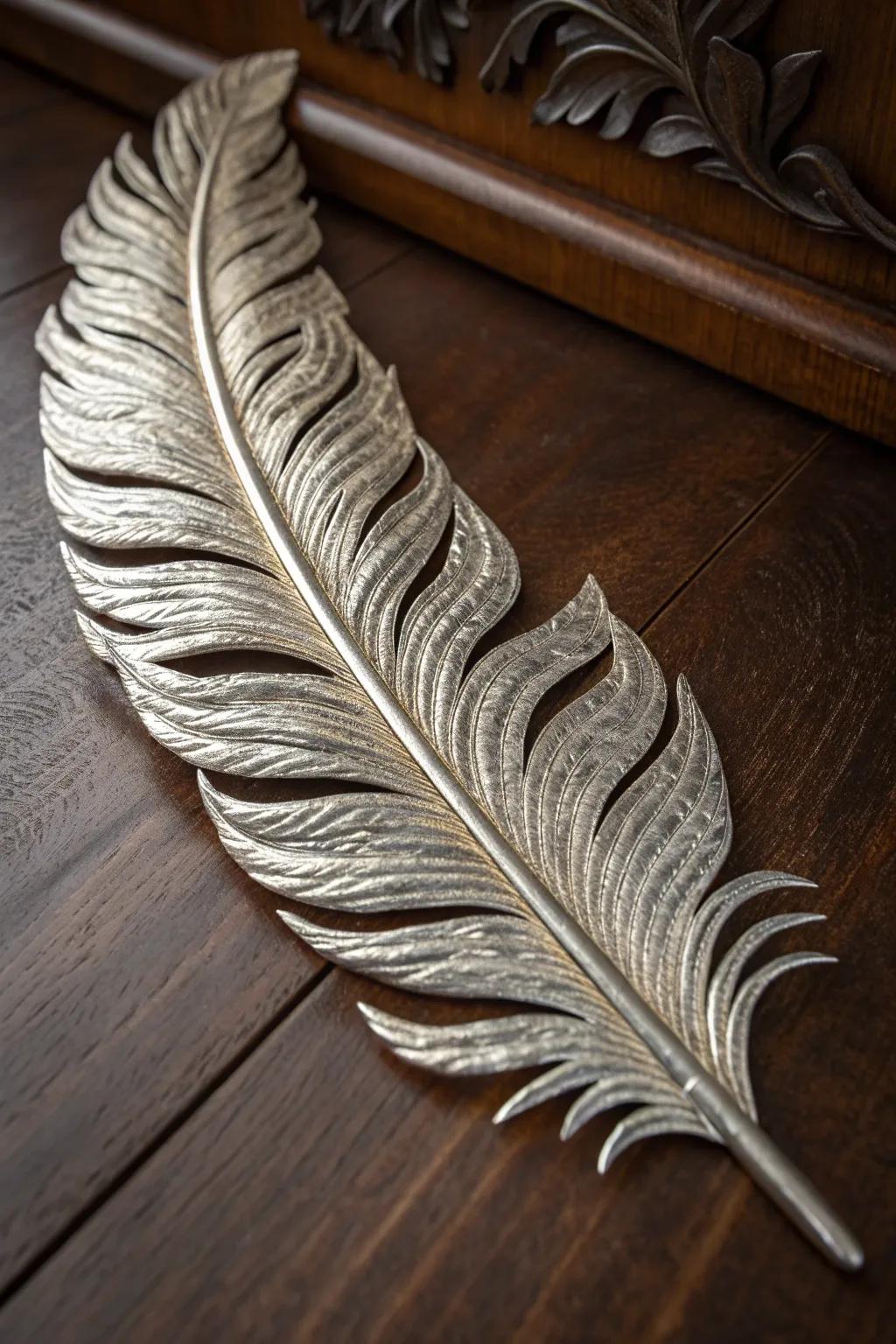 Elevate your decor with the timeless elegance of handcrafted metallic feather art.