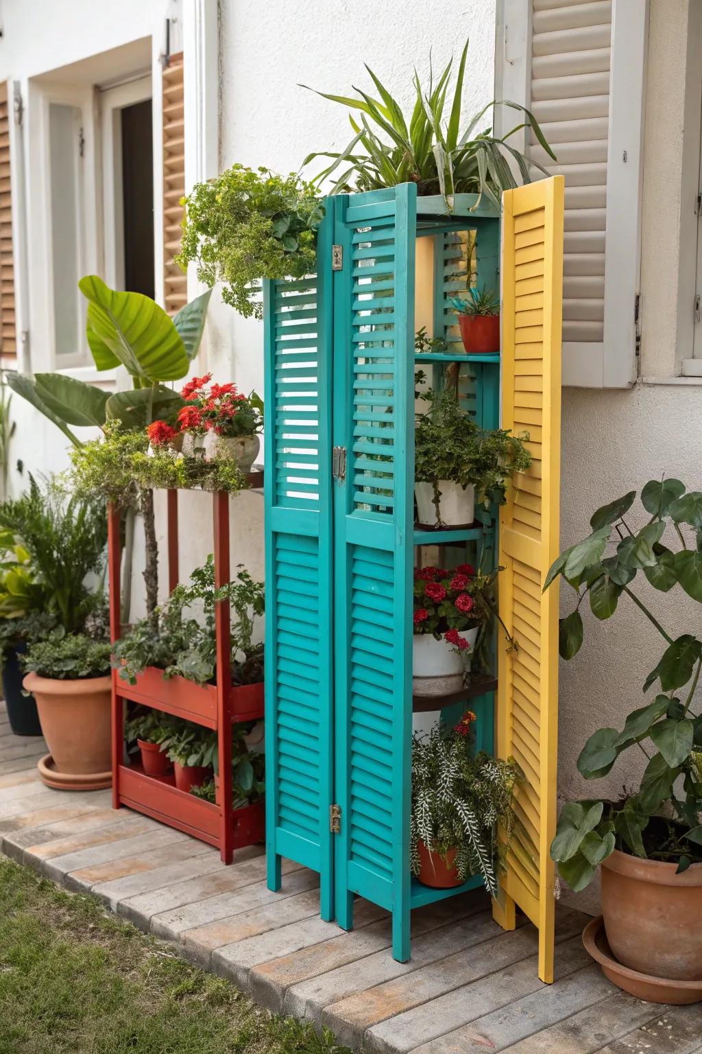 Transform your garden with a splash of color and creativity using repurposed shutters as a vibrant plant stand.