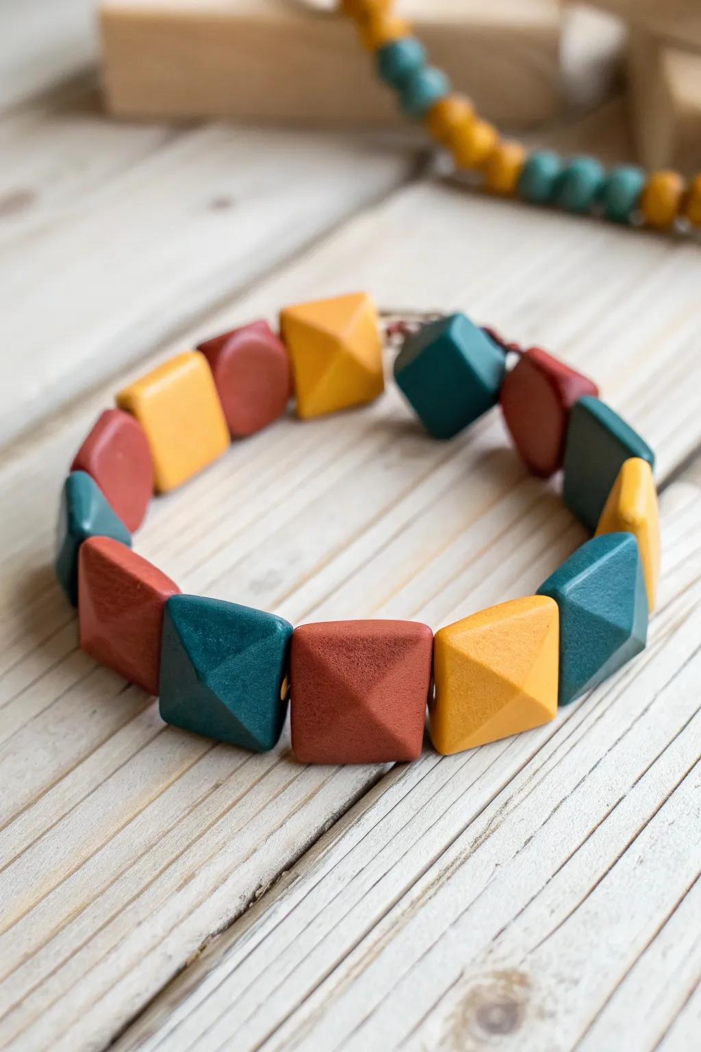 Embrace the modern elegance of geometric shapes with this striking polymer clay bracelet.