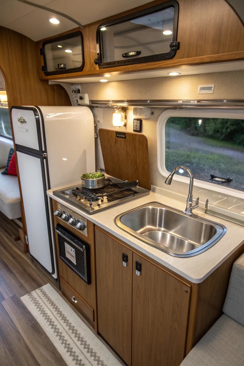 Transform your pop-up camper into a cozy haven with a stylish mini kitchenette. #CamperCraftsmanship #TravelInStyle