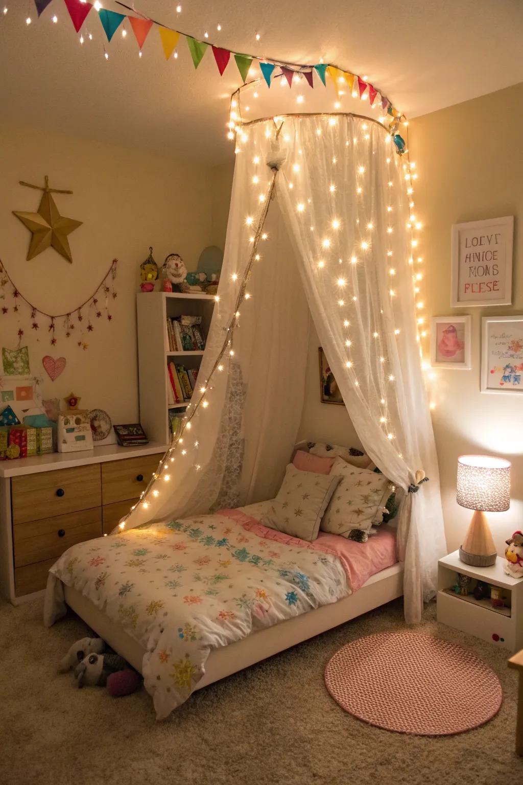 Fairy lights creating a magical glow around a canopy bed.